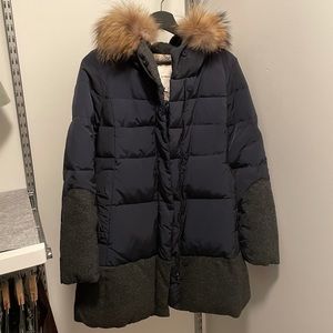 warm navy and grey puffer jacket